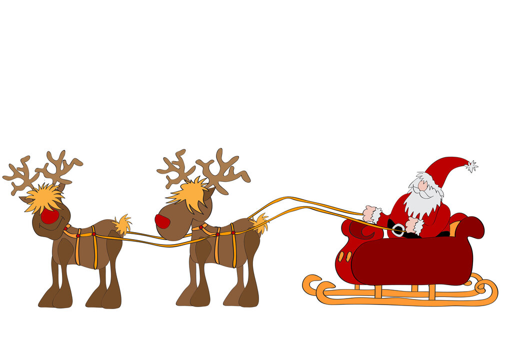 Illustrasjonen viser julenissen som kjører med sleden sin.