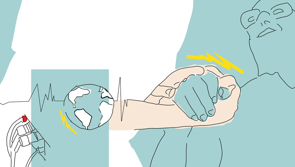 Bildet viser to hender som holder en pasients hånd, en klode og hjerterytme