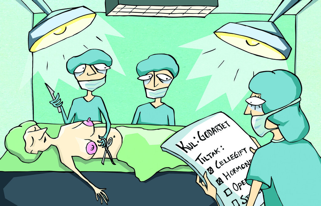 Illustrasjonen viser kirurger ved et operasjonsbord, der det ligger en kvinne som tydeligvis får fjernet en kul fra et bryst.