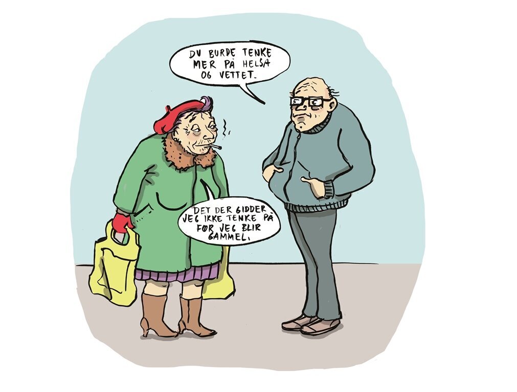 Tegning av to eldre personer som møtes på gata.