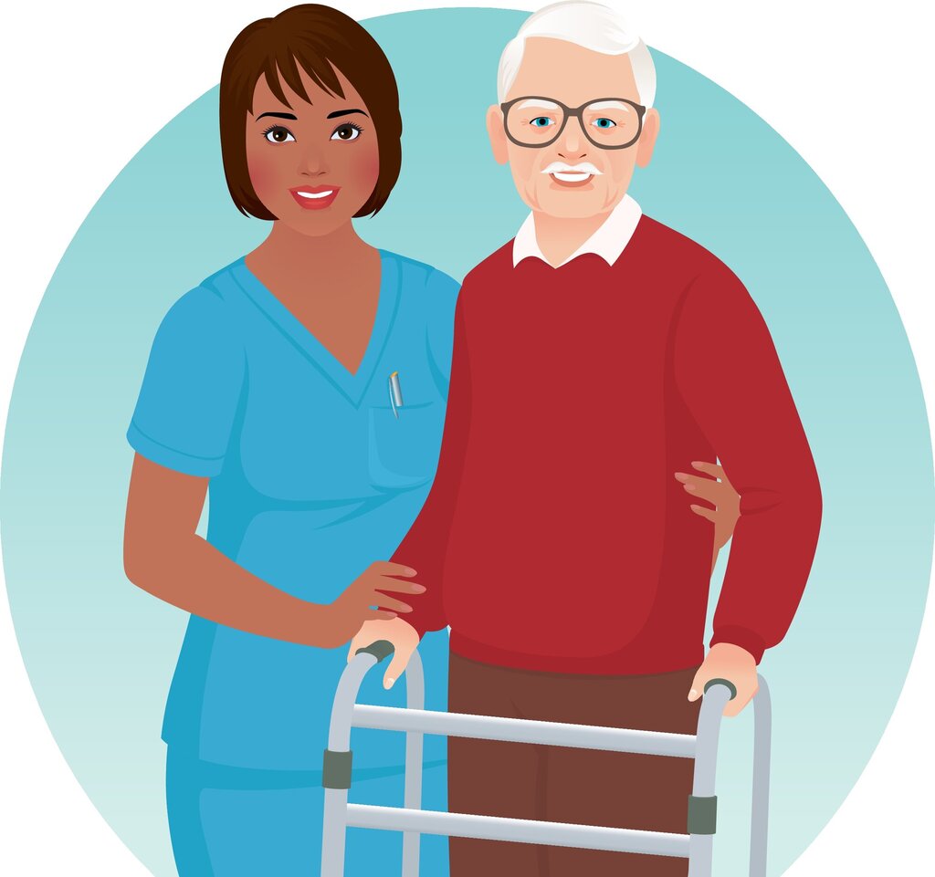 Tegning av sykepleier og eldre mann med gåstol.