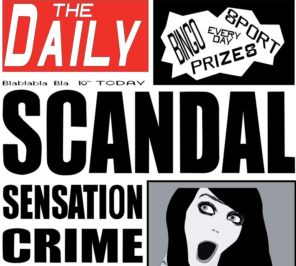 Bildet viser en samling avisforsider der det står blant annet "scandal" og "bla bla"