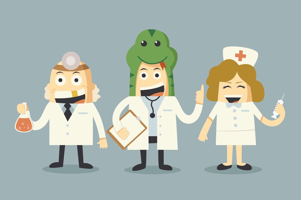 Illustrasjon av et team av to leger og en sykepleier