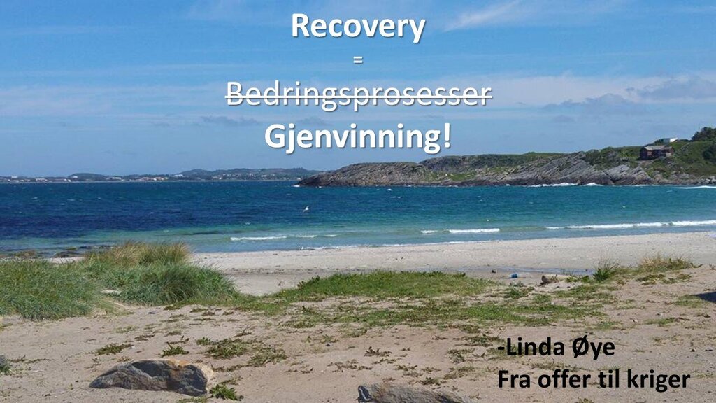Bildet viser en strand og har påført teksten Recovery = Bedringsprosesser, som er strøket over og erstattet med Gjenvinning!