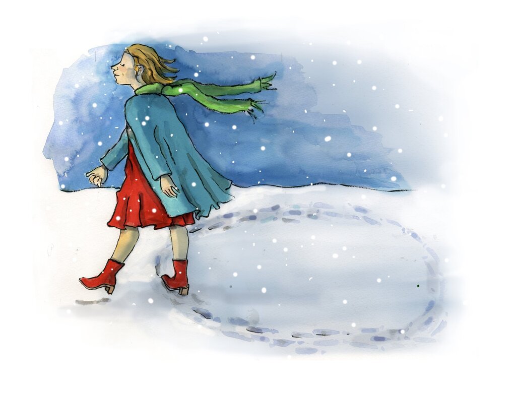 Illustrasjonen viser en dame som går ute i snøen. Sporene viser at hun har gått i ring, men er nå i ferd med å tre ut av ringen.