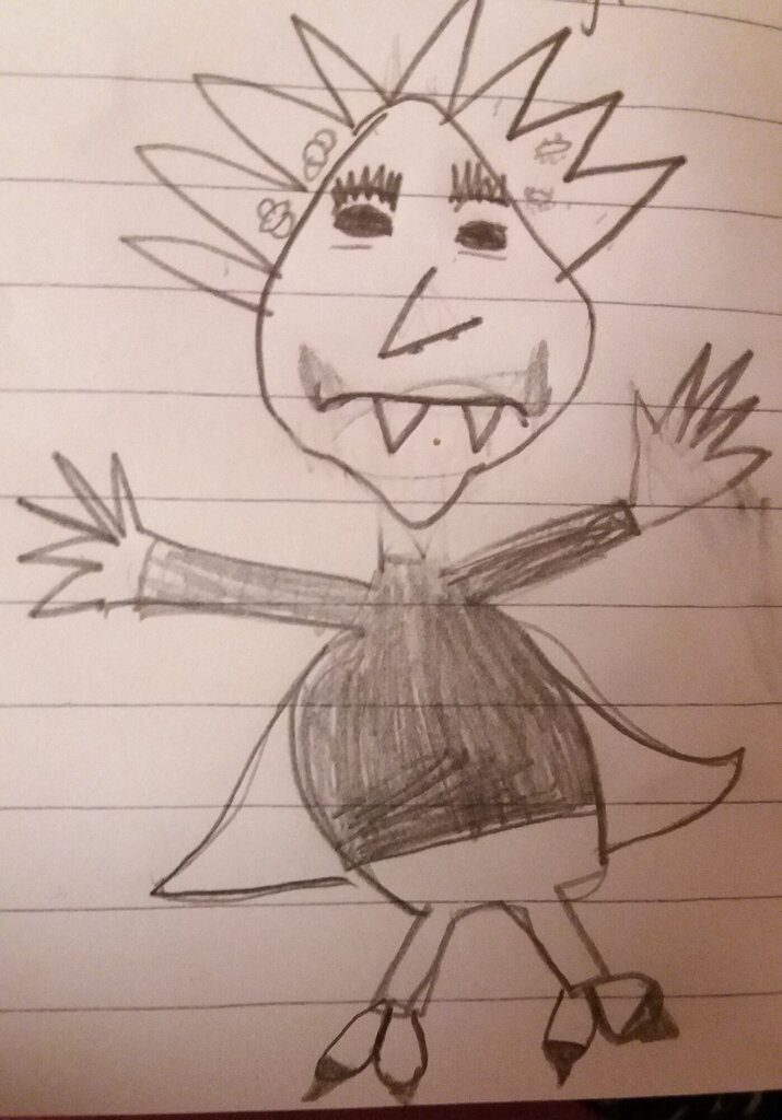 Bildet viser en blyanttegning av et monster tegnet av en tolvåring