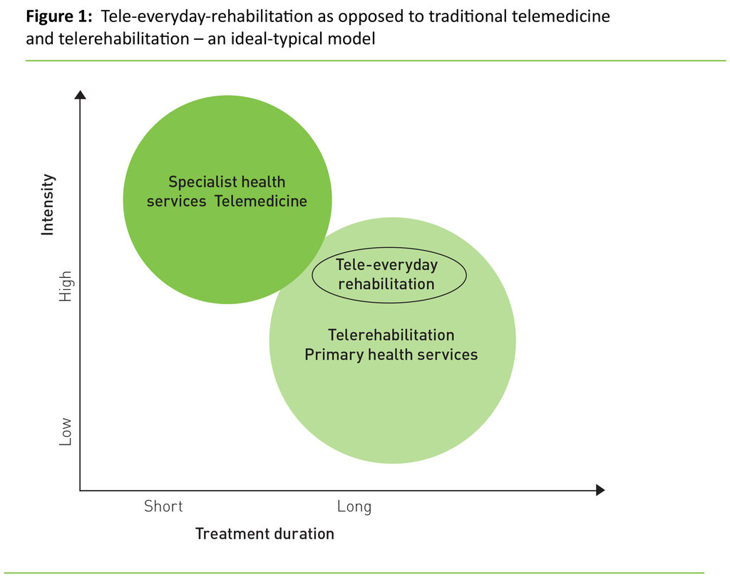Figure 1: Tele-everyday-rehabilitation as opposed to traditional telemedicine and telerehabilitation – an ideal-typical model
