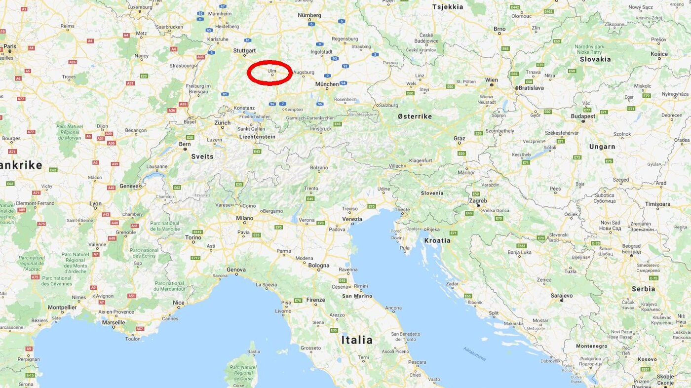 Skjermdump av Ulm i Tyskland på Google-map