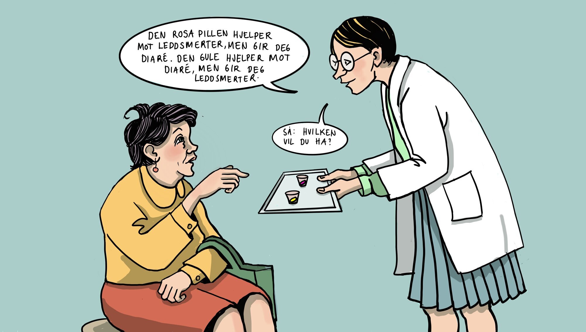 Samvalg Illustrasjonen viser en sykepleier som holder et brett mot en pasient og sier: Den rosa pillen hjelper mot leddsmerter, men gir deg diaré. Den gule hjelper mot diaré, men gir deg leddsmerter. Så: Hvilken vil du ha?