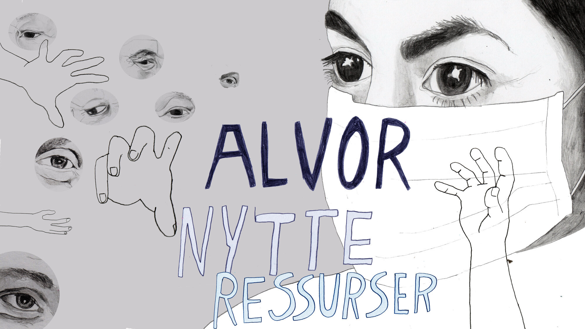 Tre verdier på prøve Illustrasjonen viser en sykepleier med munnbind og ordene "alvor", "nytte" og "ressurser"