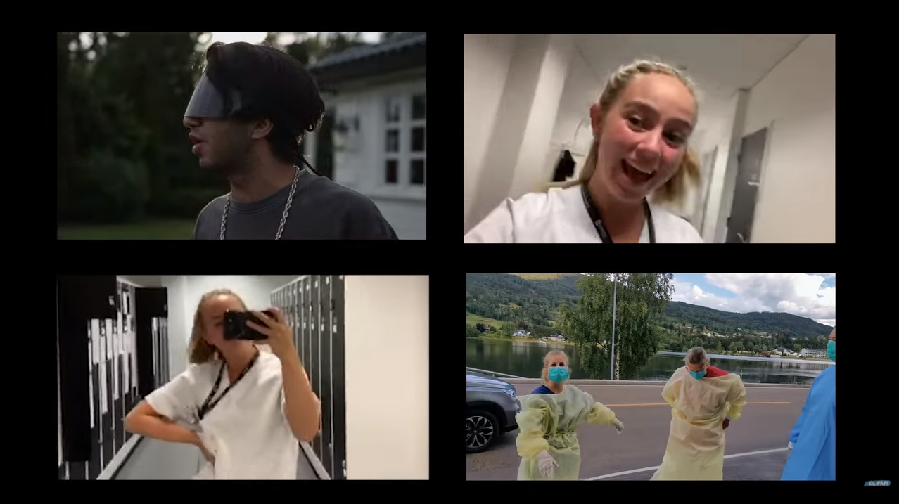 Sykepleierinnen, El Papi Bildet er en skjermdump fra videoen til Sykepleierinnen og viser sykepleiere og El Papi.