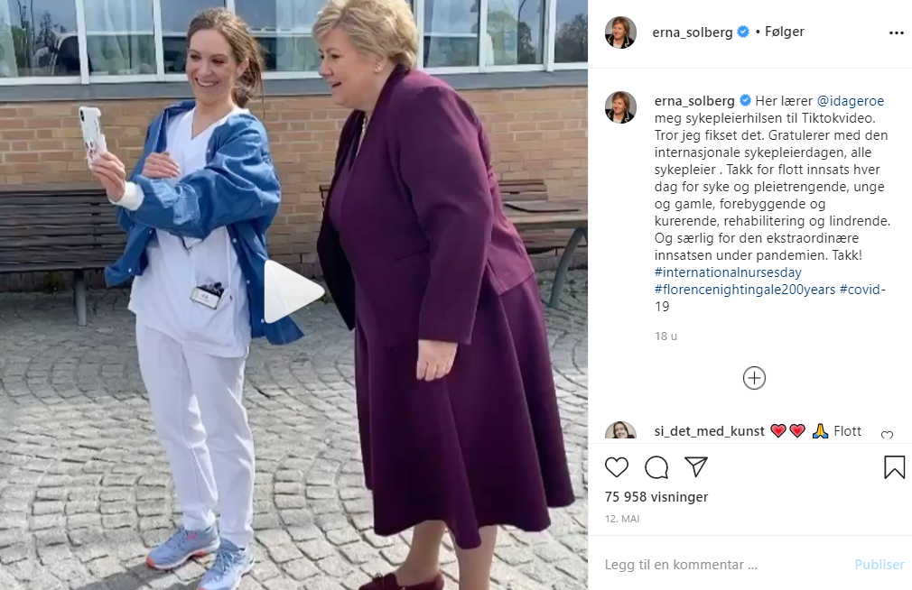 Erna Solberg, Ida Gerø, Instagram Bildet er en skjermdump av Erna Solbergs innlegg på Instagram.