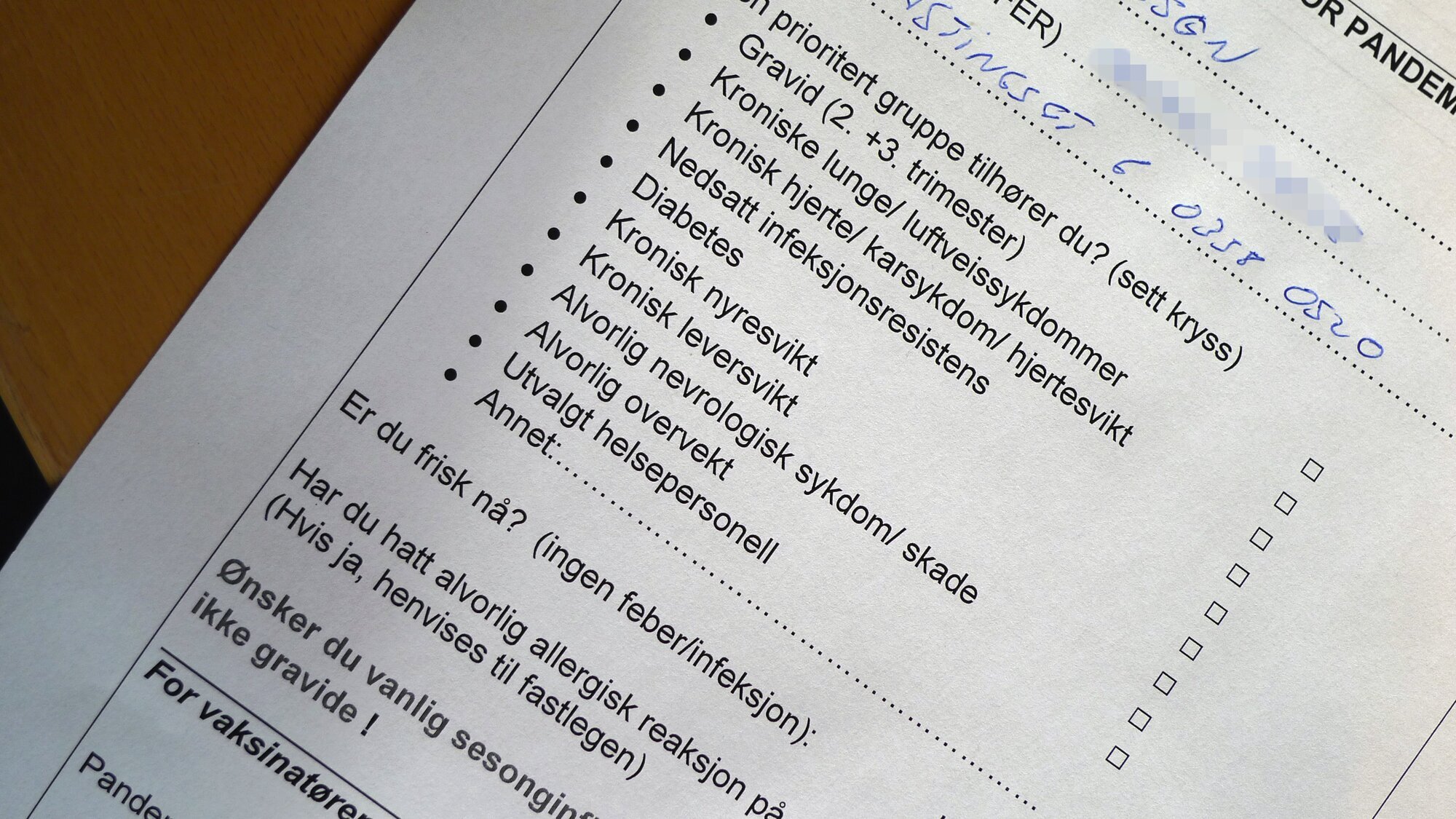 kontrollskjema for vaksinering bildet viser et kontrollskjema for vaksinering