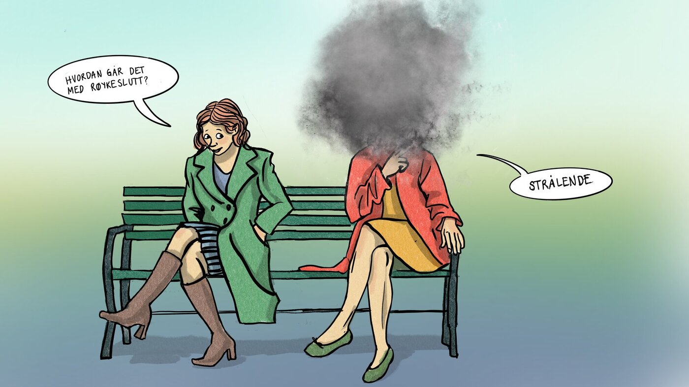 Illustrasjonen viser to damer på en benk. Den ene sier: "Hvordan går det med røykeslutt?". Den andre svarer, i en sky av damp: "Strålende".