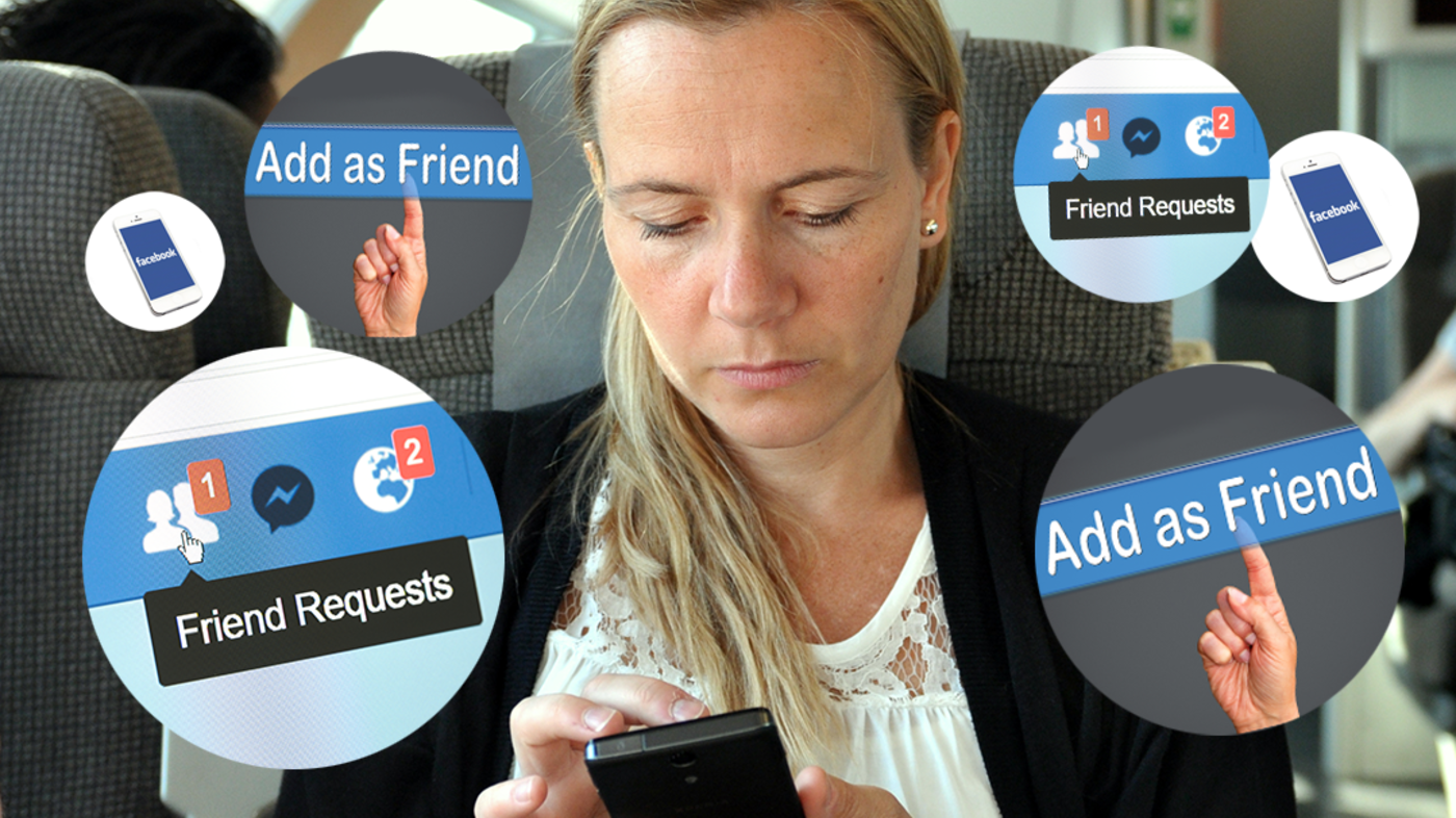 Kvinne er på Facebook på mobilen Kollasjen viser en kvinne på bussen som kikker på mobilen. Rundt henne er det spredt bilder av en mobiltelefon, Facebook-logo med Friend Request og Add as Friend.