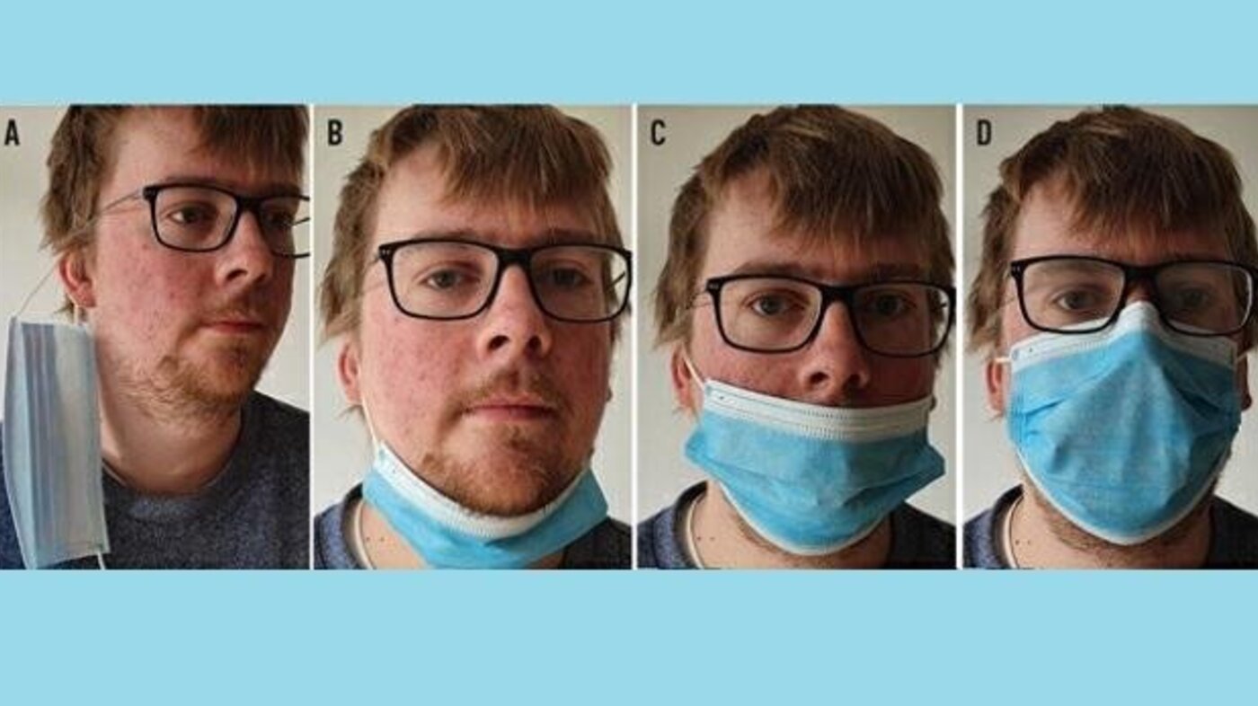 Bildet viser Jesper Sørensen som demonstrerer ulike måter å ha på munnbind.