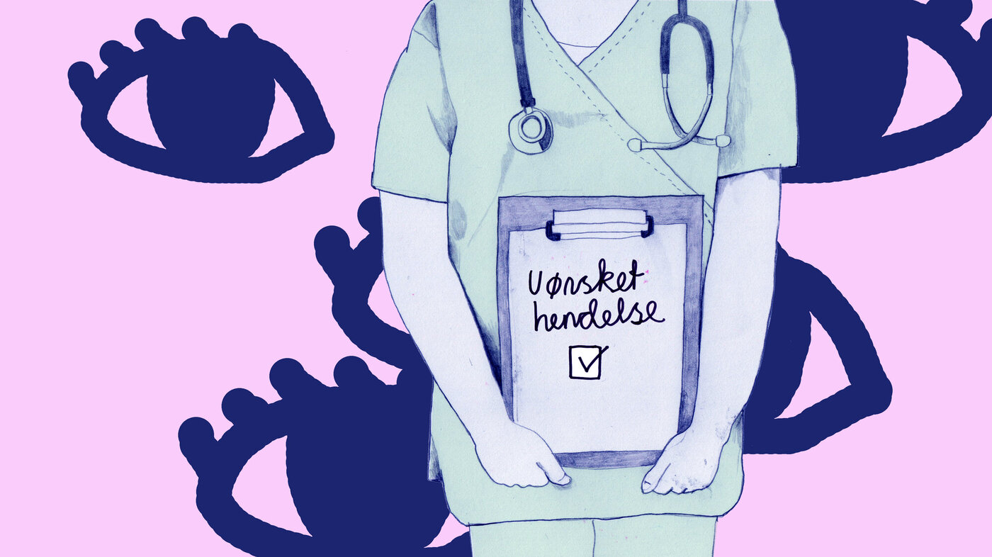 Illustrasjonen viser en sykepleier som står med en tavle med teksten &quot;uønsket hendelse&quot;. Store øyne er i bakgrunnen