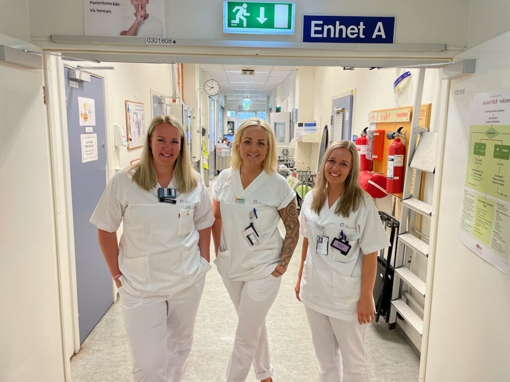Audhild Rue, Stephanie Surman, Marlene Therkelsen Bildet viser Audhild Rue, Stephanie Surman og Marlene Therkelsen på medisinsk intensiv på Oslo universitetssykehus, Ullevål.