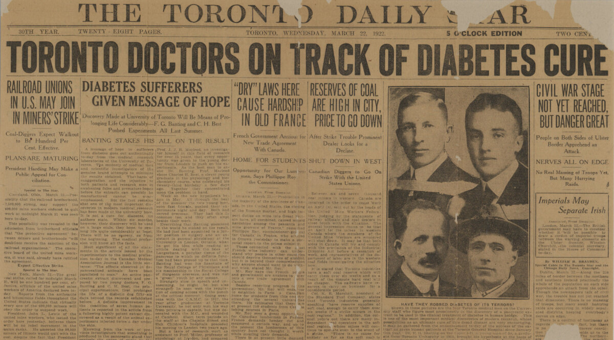 Insulin, Toronto Daily Star Bildet viser en forside av Toronto Daily Star fra 1922.
