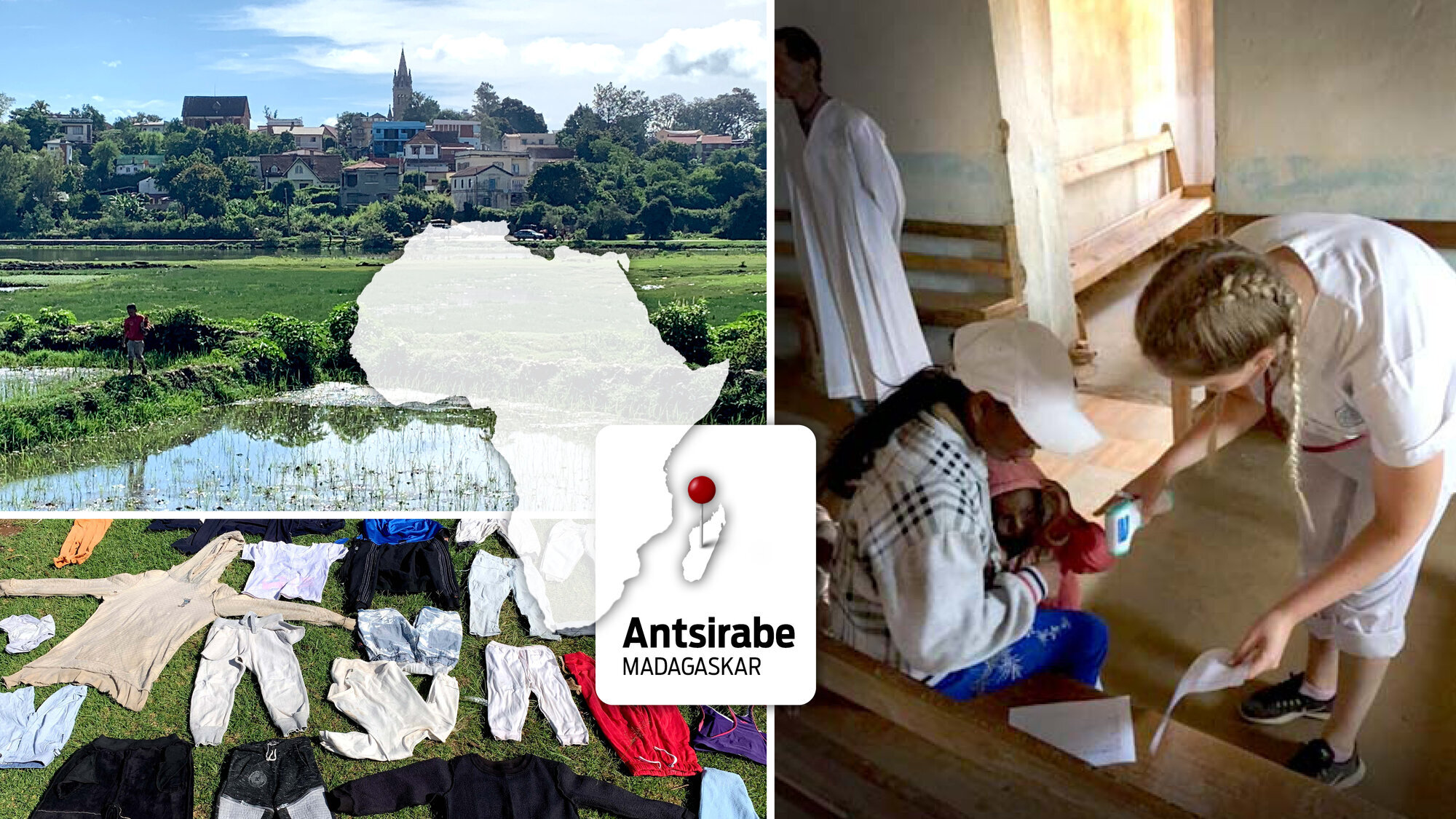 Dagligliv på Madagaskar for sykepleierstudent Montasjen viser dagligsituasjoner fra Antsirabe, Madagaskar samt en sykepleier som hjelper ei jente. På midten er det en montasje av et kart over Afrika og Madagaskar