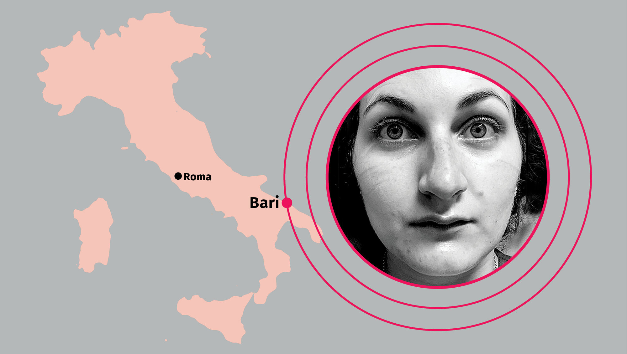 Kart som viser Bari i Italia og bilde av sykepleier Floriana Terrafino Bari i Italia og sykepleier Floriana Terrafino