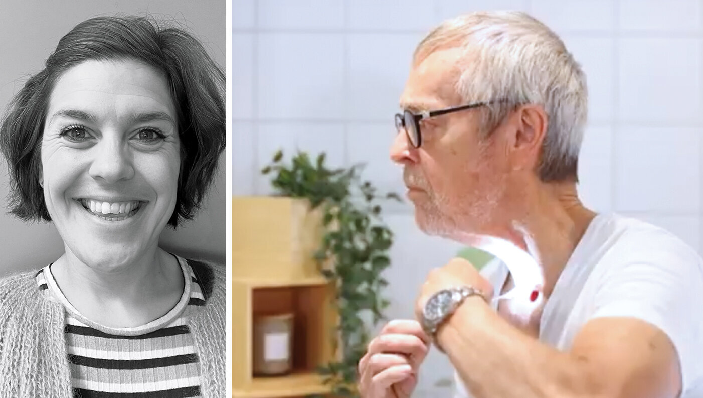 Strupeopererte Karoline Skedsmo montert sammen med strupeoperert mann