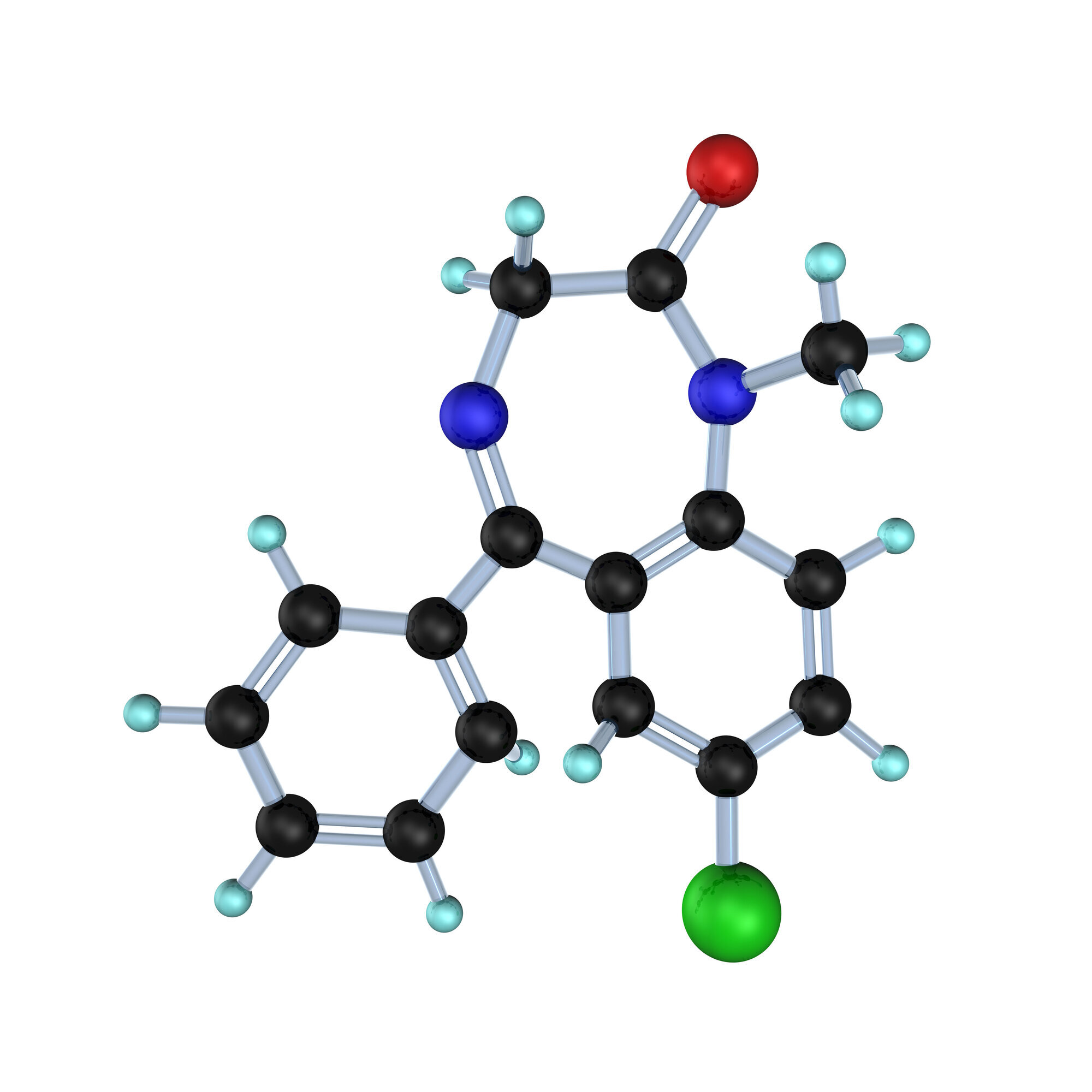 Molekylmodell av diazepam. Molekylmodell av diazepam.