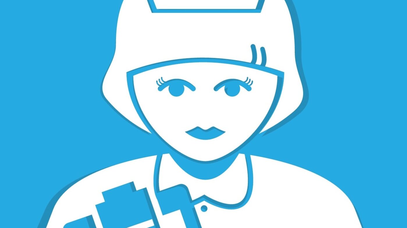 Blå illustrasjon av sykepleier med rapporteringsskjema