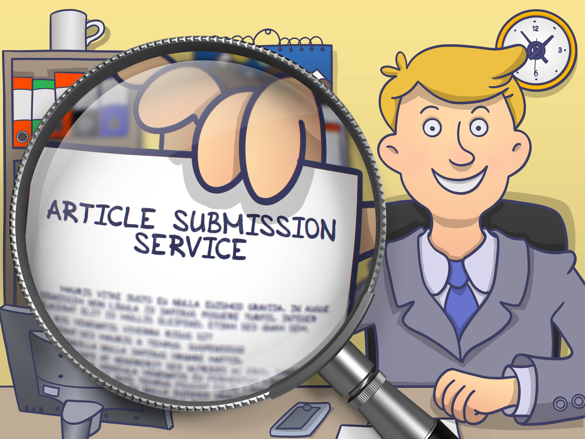 Mann på kontor Illustrasjon av en mann på kontor som holder opp en artikkel som ses gjennom et forstørrelsesglass. Teksten på artikkelen lyder: "Article Submission Service".