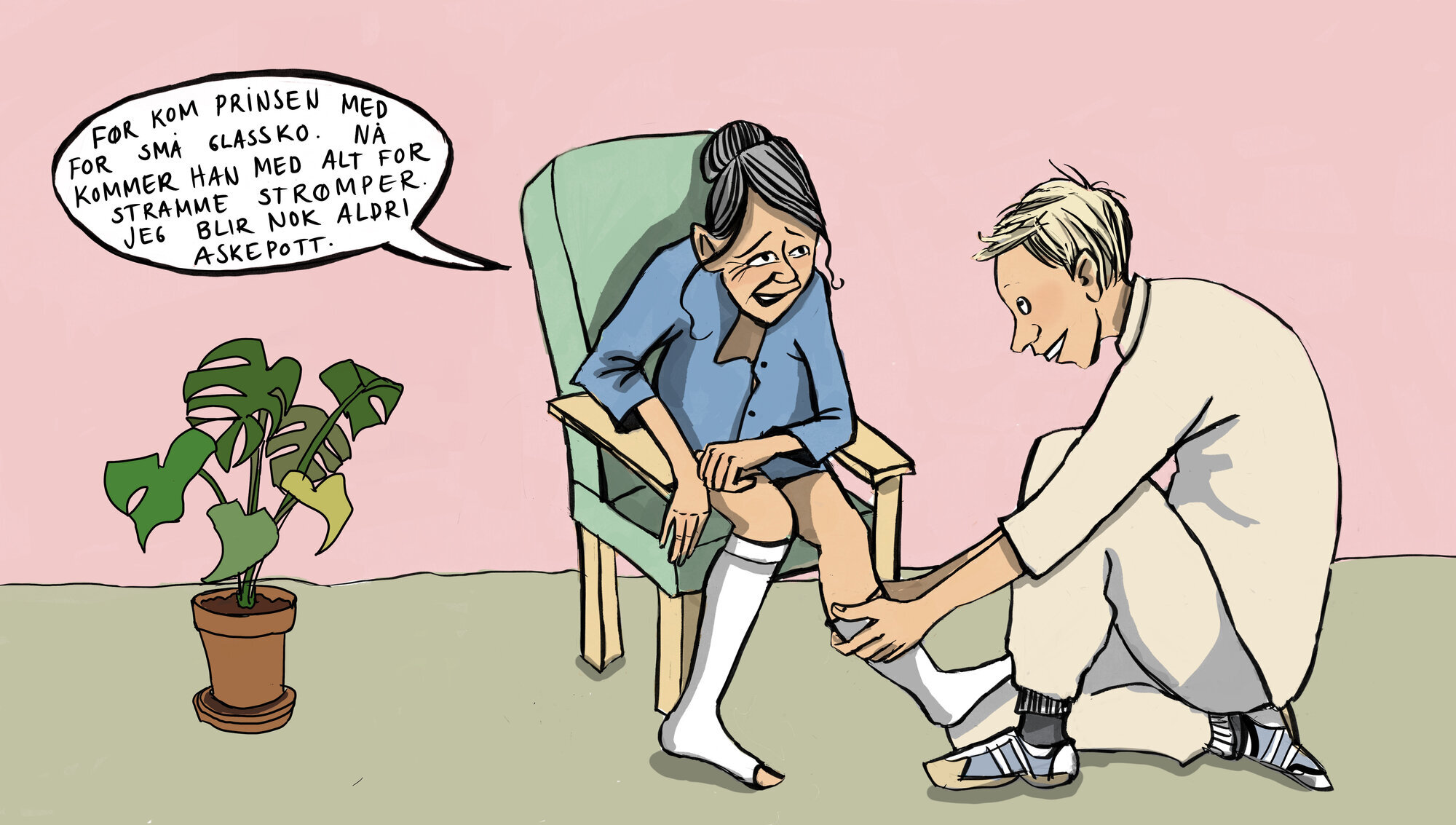 Eldre dame får på støttestrømper Illustrasjonen viser en sykepleier som tar på støttestrømper på en eldre dame.