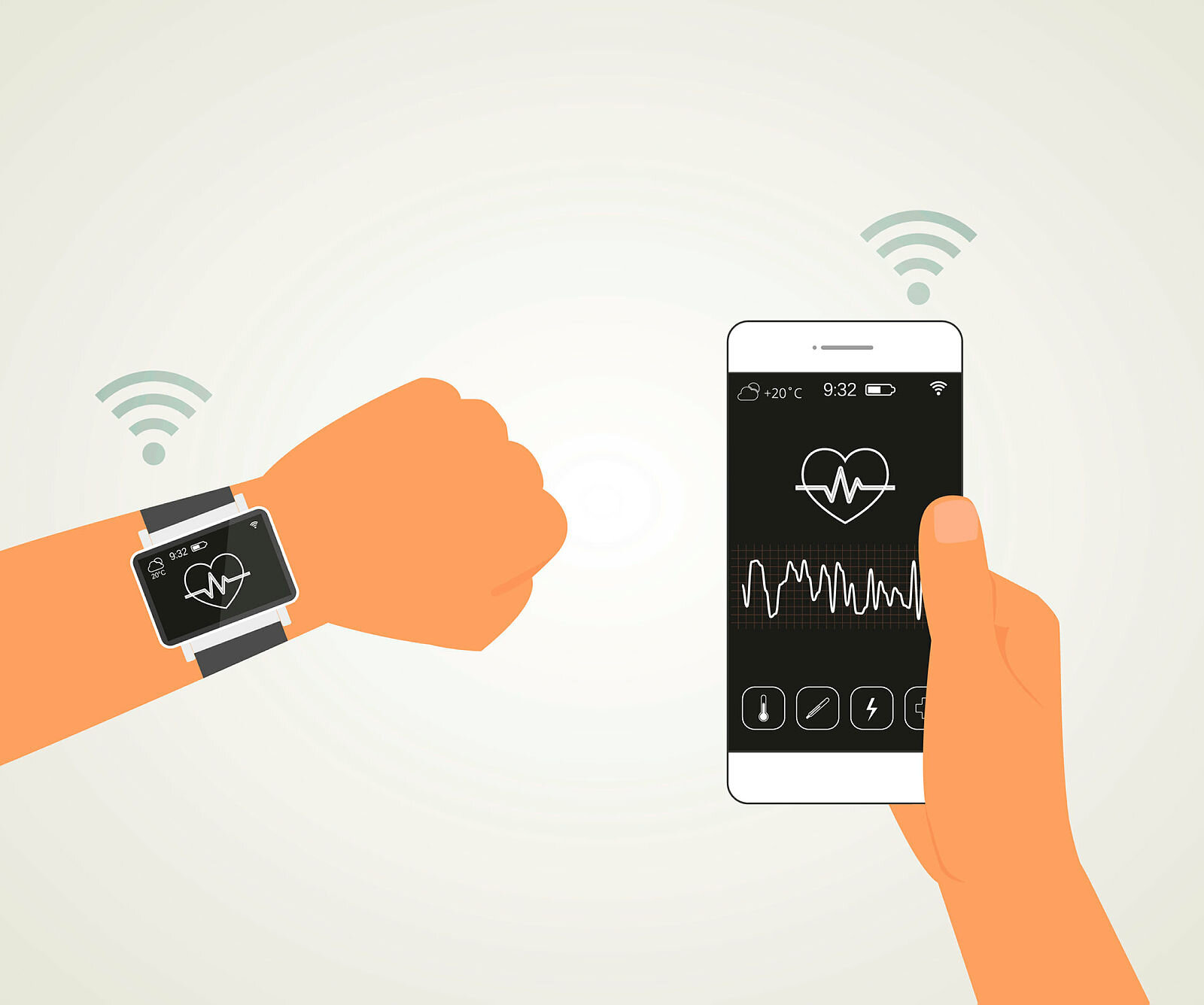 Smarttelefon med helseapp og smartklokke Illustrasjonen viser en smarttelefon med en helseapp som kommuniserer med et armbåndsur.
