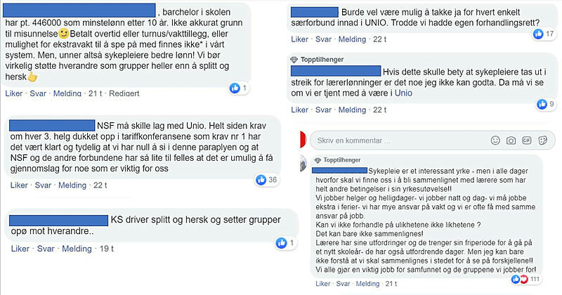 Skjermdump Skjermdump av Facebook-kommentarer fra Sykepleiens side