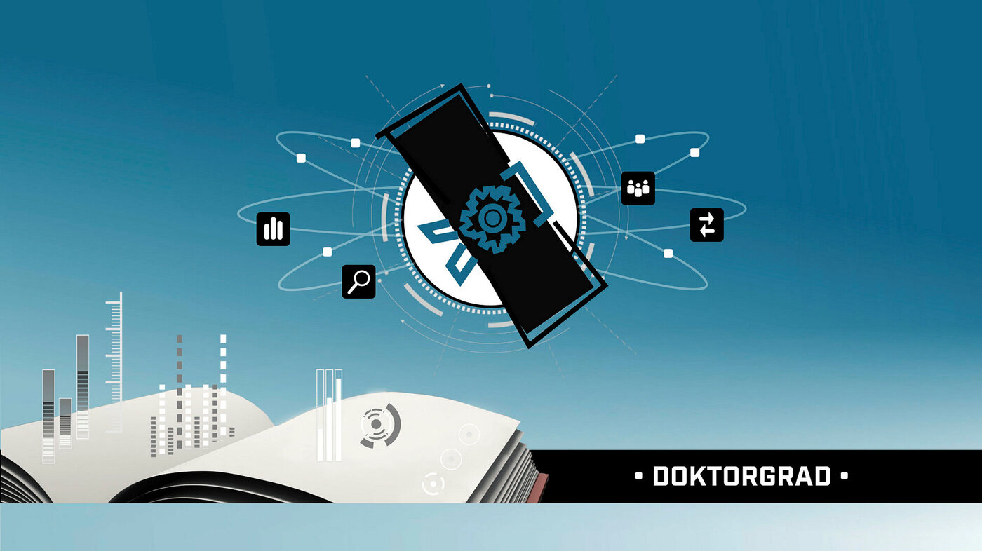 Doktorgrad Illustrasjonen viser en oppslått bok med ulike grafer som kommer ut. Over svever en klode med symboler rundt. Et diplom ligger over kloden. Nederst til høyre står teksten "Doktorgrad".