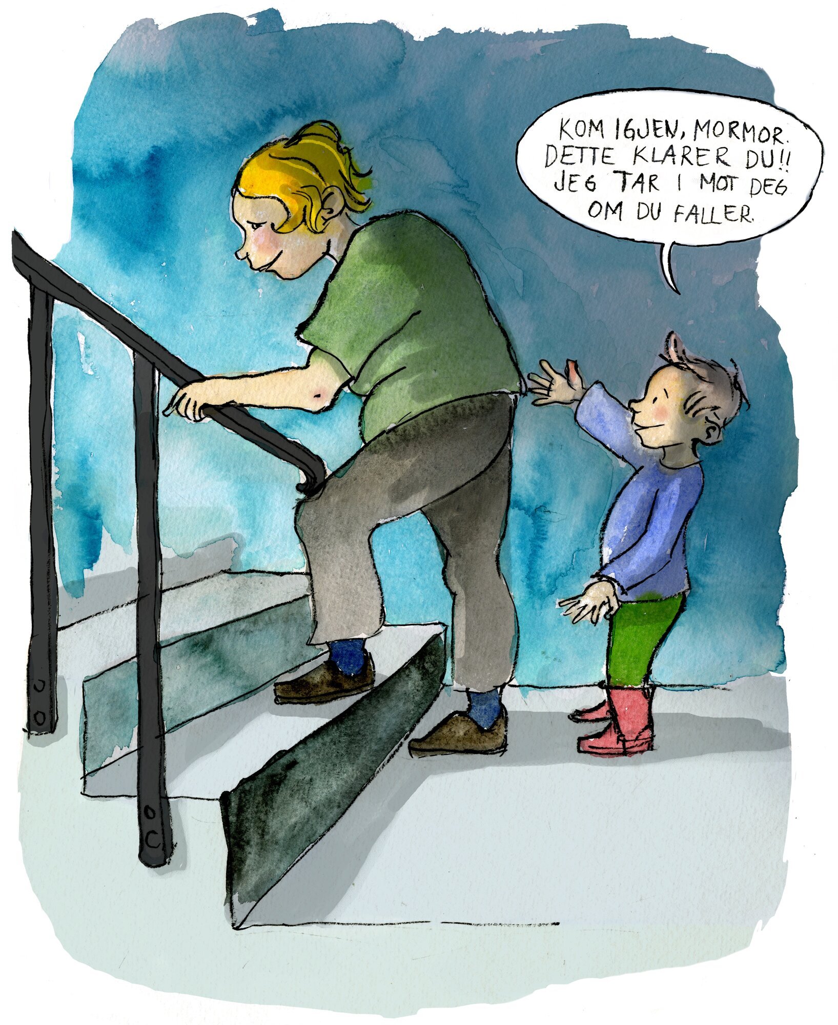 Bestemor og barnebarn Illustrasjon av en mormor som går opp trappen mens barnebarnet, som står bak, sier: "Kom igjen, mormor. Dette klarer du! Jeg tar imot deg om du faller."