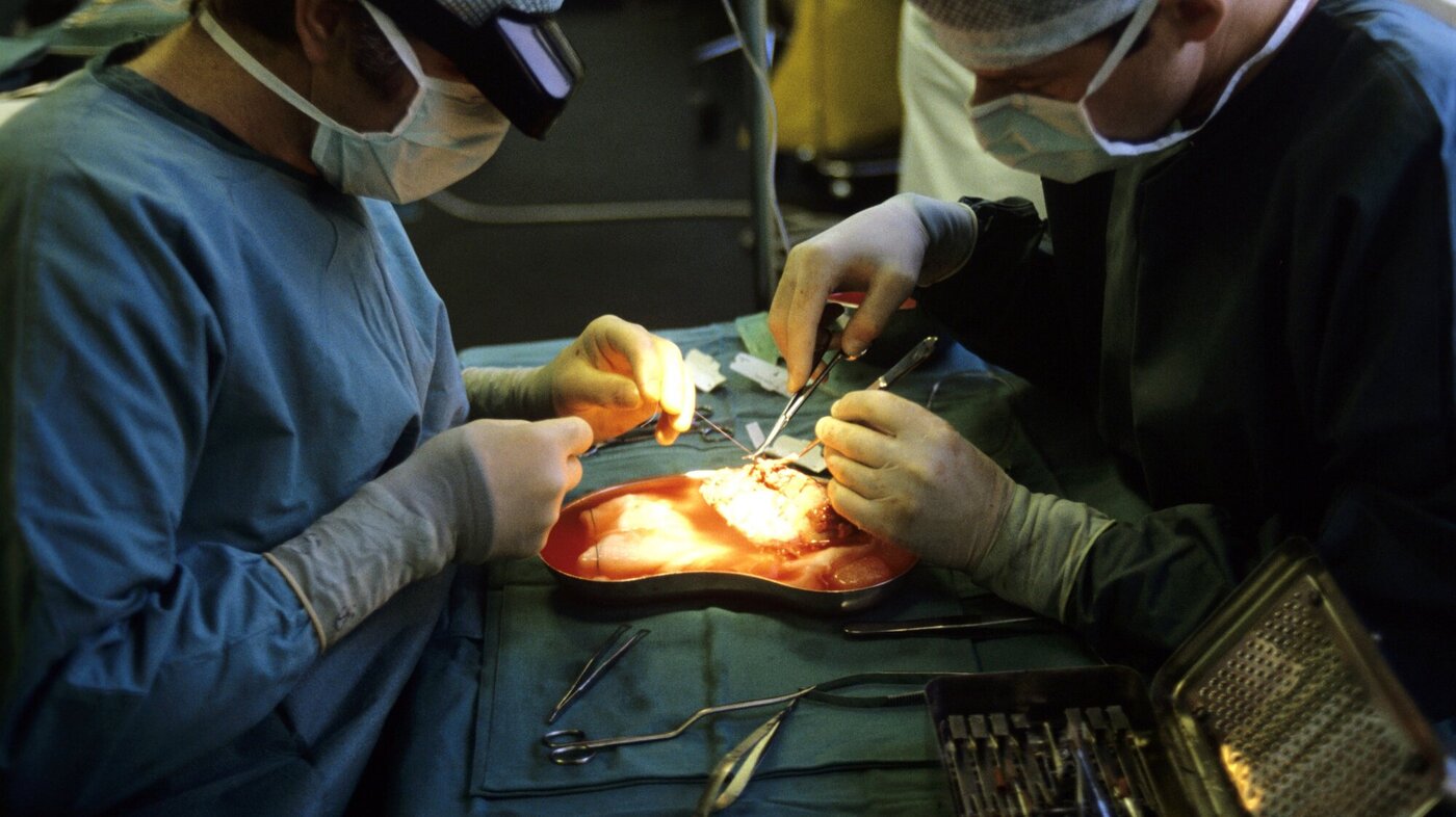 Bildet viser en nyretransplantasjon ved Rikshospitalet. To kirurger står over pasientens operasjonssår.