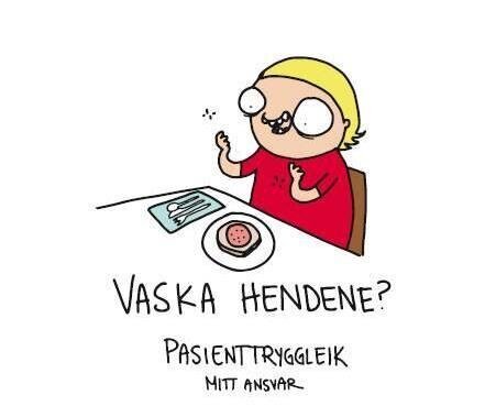 Tegnehanne, pasientsikkerhet Bildet viser en serviett med en tegning av et menneske til bords og spørsmål om vedkommende har husket å vaske hendene.