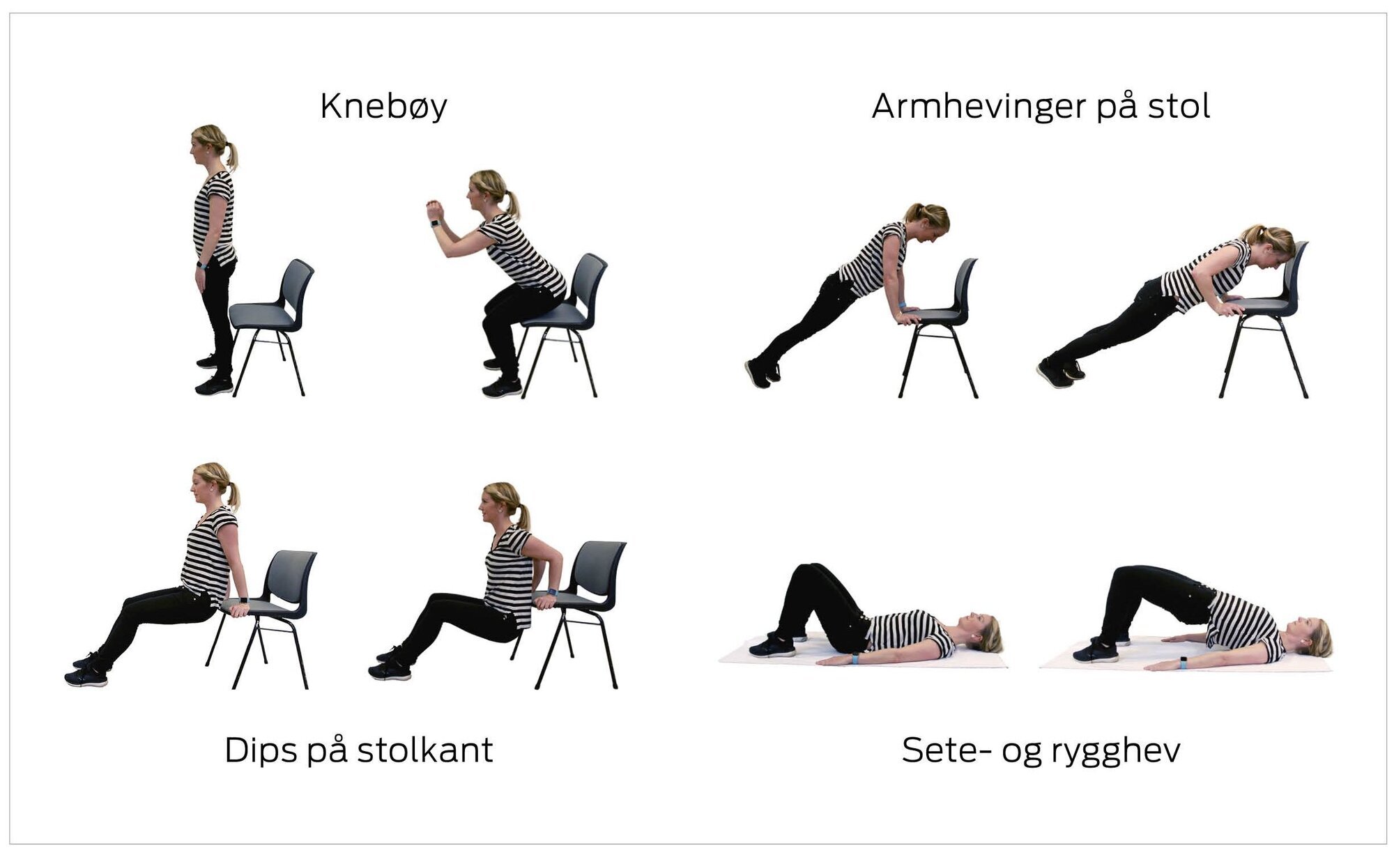 Treningsøvelser for grunnstyrke i kroppen: knebøy, armhevinger på stol, dips og sete- og rygghev. Bildet viser treningsøvelser for grunnstyrke i kroppen: knebøy, armhevinger på stol, dips og sete- og rygghev.