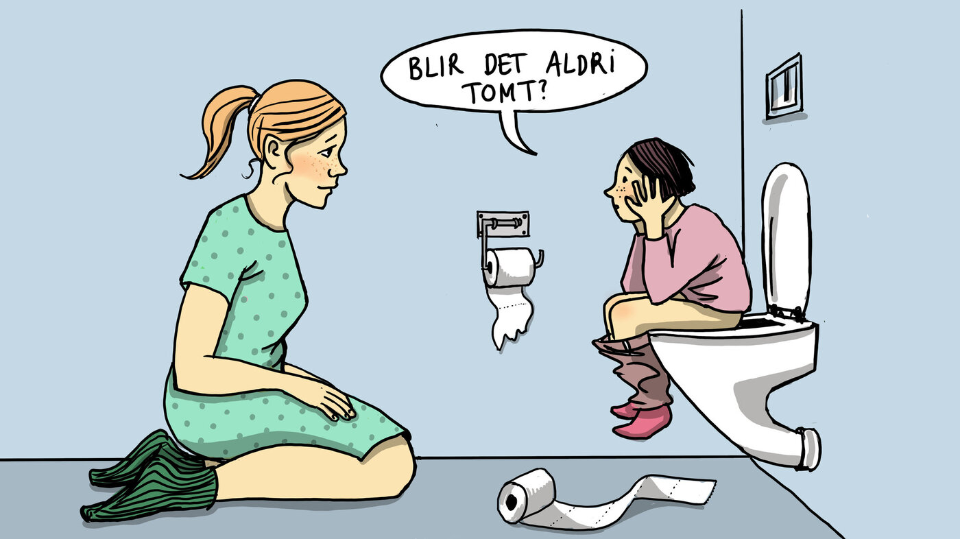 Barn med diaré Illustrasjonen viser et barn som sitter på toalettet og sier til sin mor: "Blir det aldri tomt?"