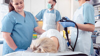 Bildet viser en pasient som tar koloskopi. Rundt pasienten står en sykepleier som trøster, og to endoskopører som ser på en skjerm
