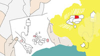 Illustrasjonen viser en pasient som holder et skjema med bilde av tabletter, blodoverføringspose osv., og så ses de samme illustrasjonene på toppen av hodet, som en slags tenkeboble