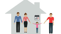 Illustrasjonen viser familiestrukturen etter en skilsmisse, der mor, ny kjæreste og barn holder hender i et hus, mens faren står alene utenfor. På veggen over barnet henger en kalender.
