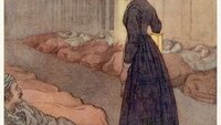 Bildet viser tegning av Florence Nigtingale blant skadete soldater, hun med lampe