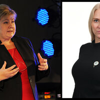 Bildet viser statsminister Solberg og NSF-leder Larsen