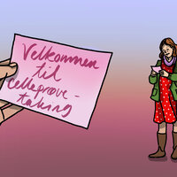 Illustrasjonen viser en kvinne som har fått et kort der det står &quot;Velkommen til celleprøvetaking&quot;.