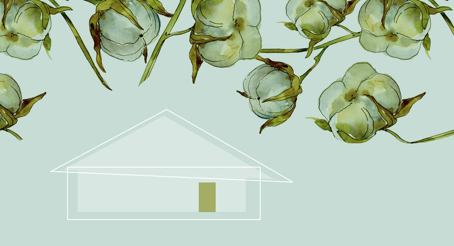 Bildet viser en grafisk montasje av et hus og blomster.