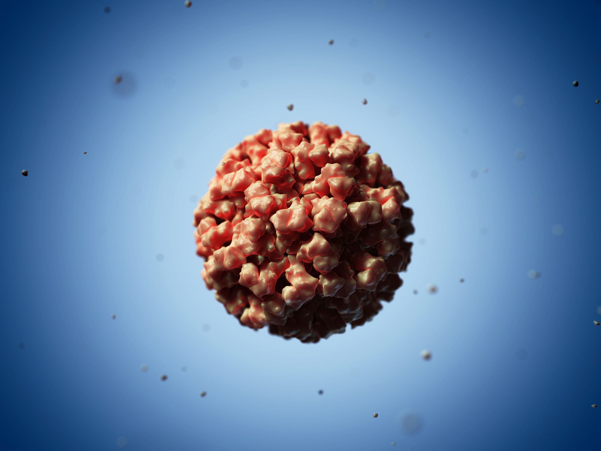 Bildet viser en partikkel av norovirus, fremstilt på datamaskin.